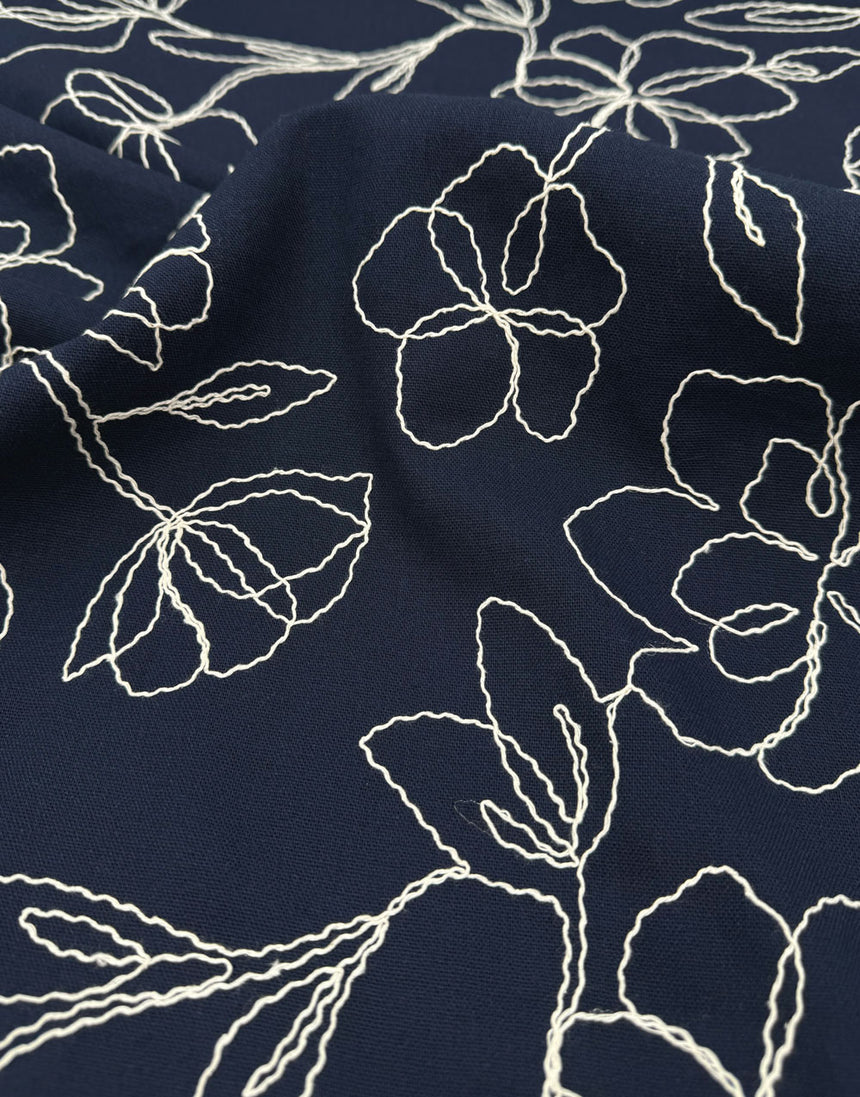 Navy Linework Embroidered Linen Viscose Fabric