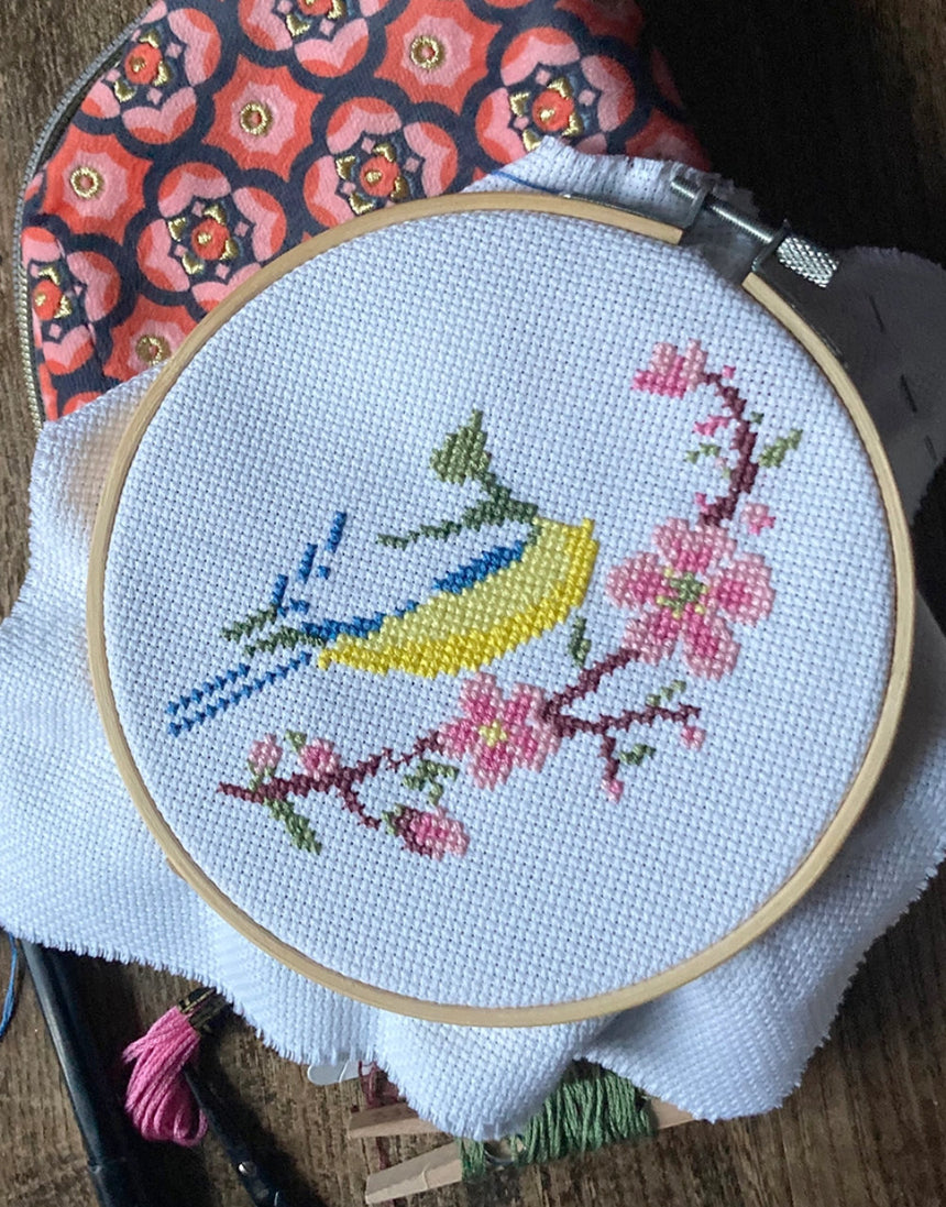 Blue Tit & Blossom Cross Stitch Kit, Love Poppet