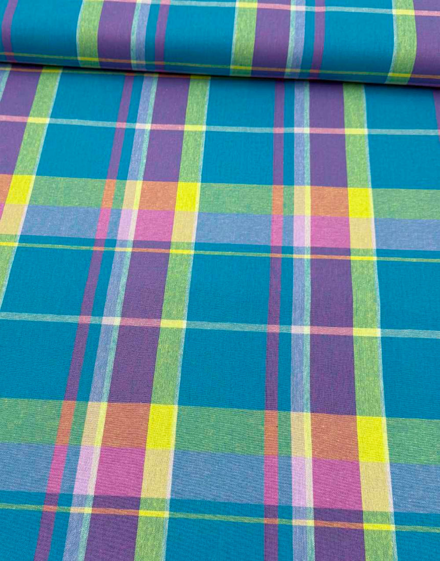 Electric Lagoon Check Madras Cotton Fabric
