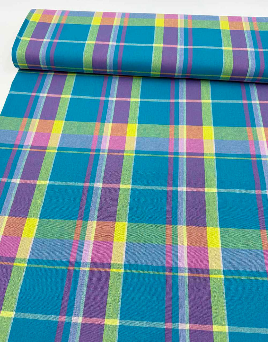 Electric Lagoon Check Madras Cotton Fabric