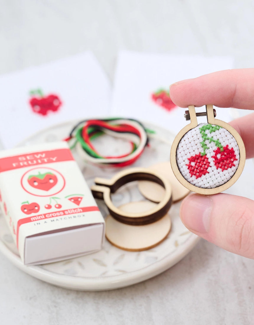 Sew Fruity Mini Hoop Cross Stitch Kit in a Matchbox