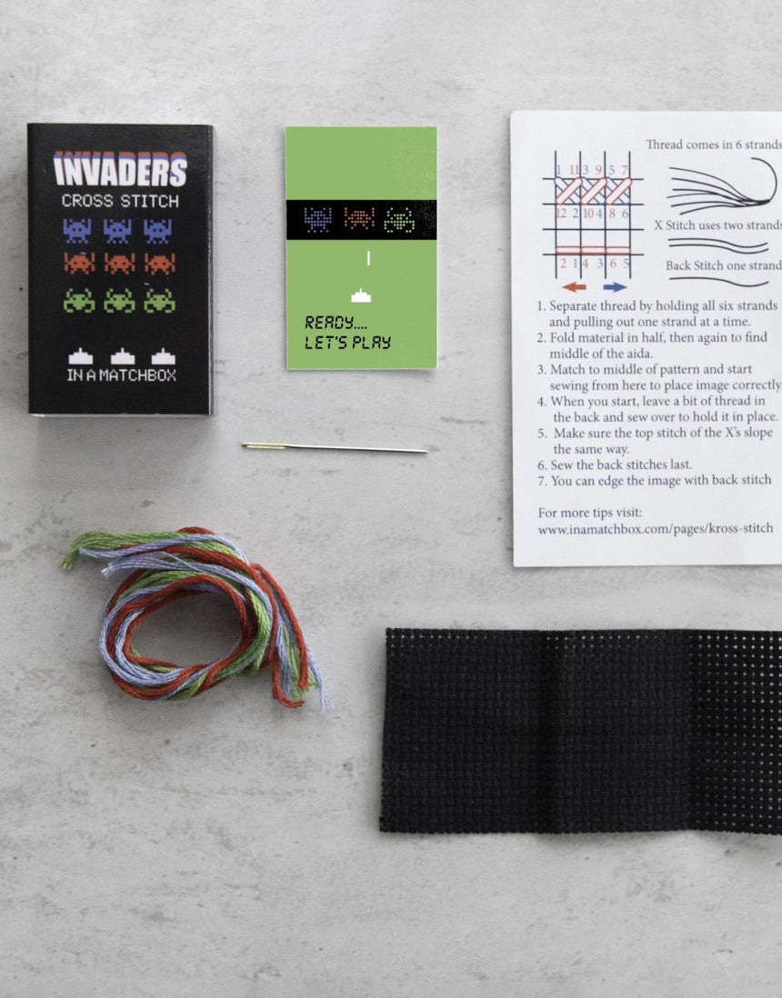 RGB Invaders Mini Cross Stitch Kit in a Matchbox