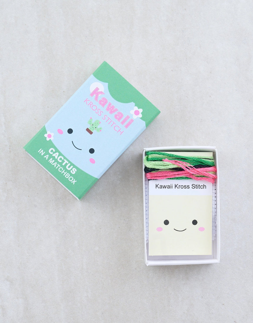 Kawaii Cactus Mini Cross Stitch Kit in a Matchbox