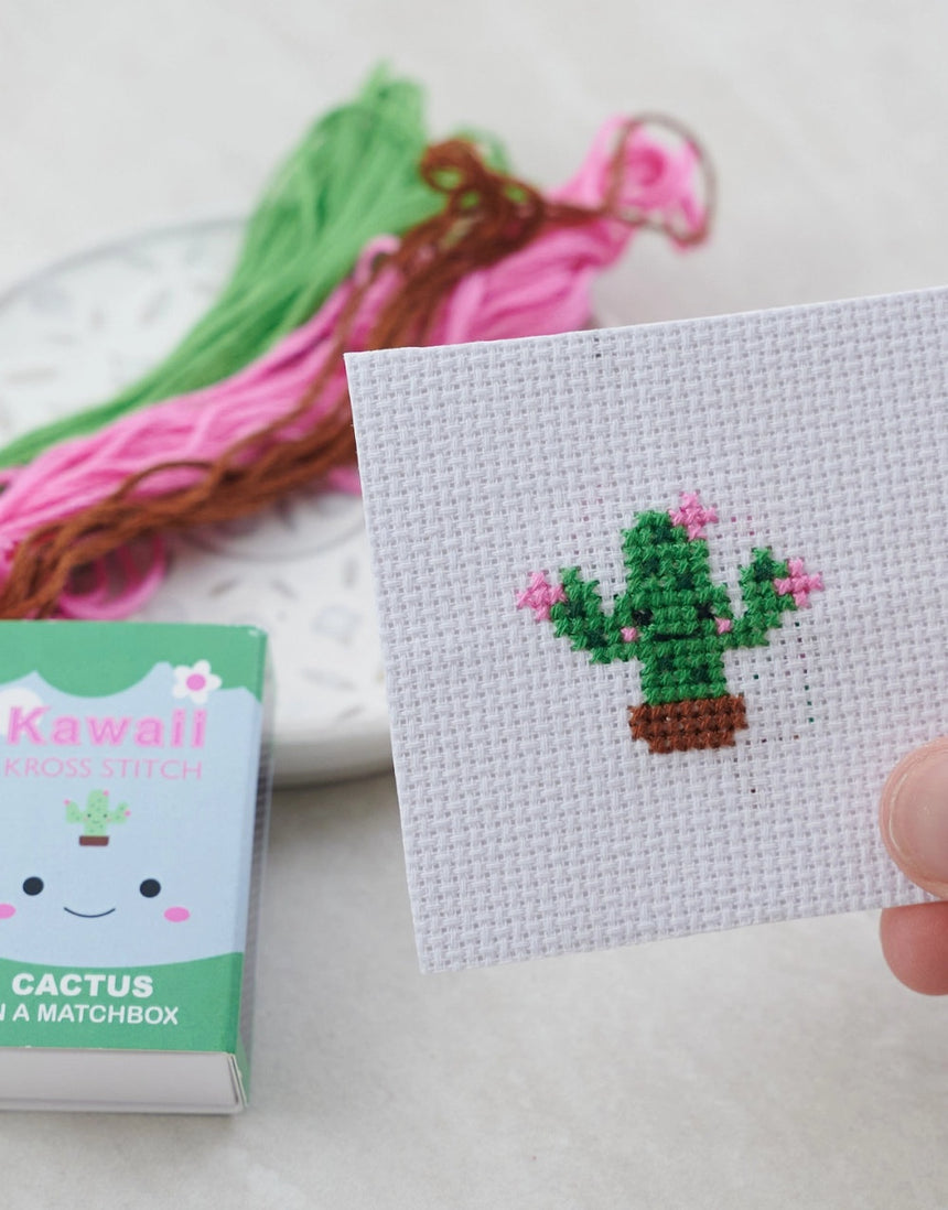 Kawaii Cactus Mini Cross Stitch Kit in a Matchbox