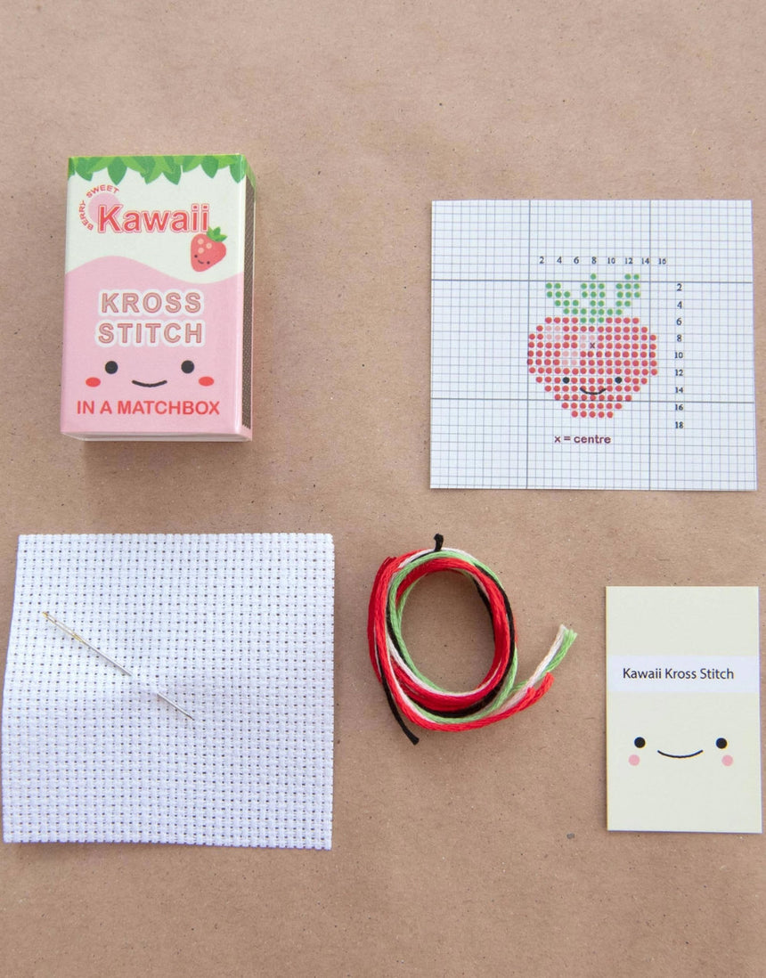 Kawaii Strawberry Mini Cross Stitch Kit in a Matchbox