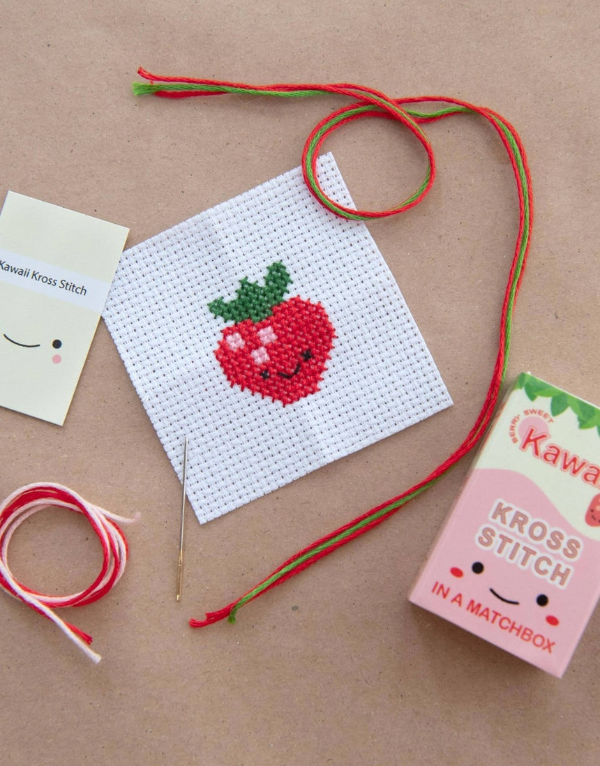 Kawaii Strawberry Mini Cross Stitch Kit in a Matchbox