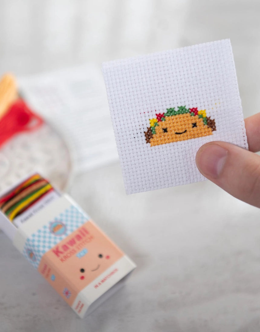 Kawaii Taco Mini Cross Stitch Kit in a Matchbox