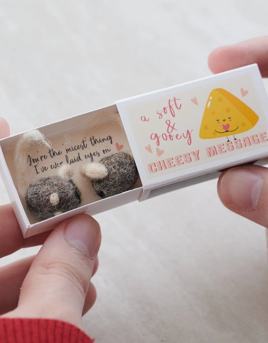 Cheesy Message Wool Felt Mice in a Matchbox