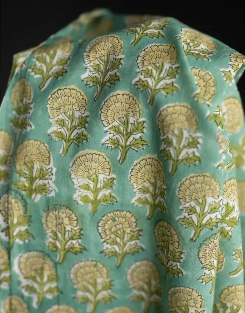 Green Yarrow Flower Indian Block Print Cotton Fabric