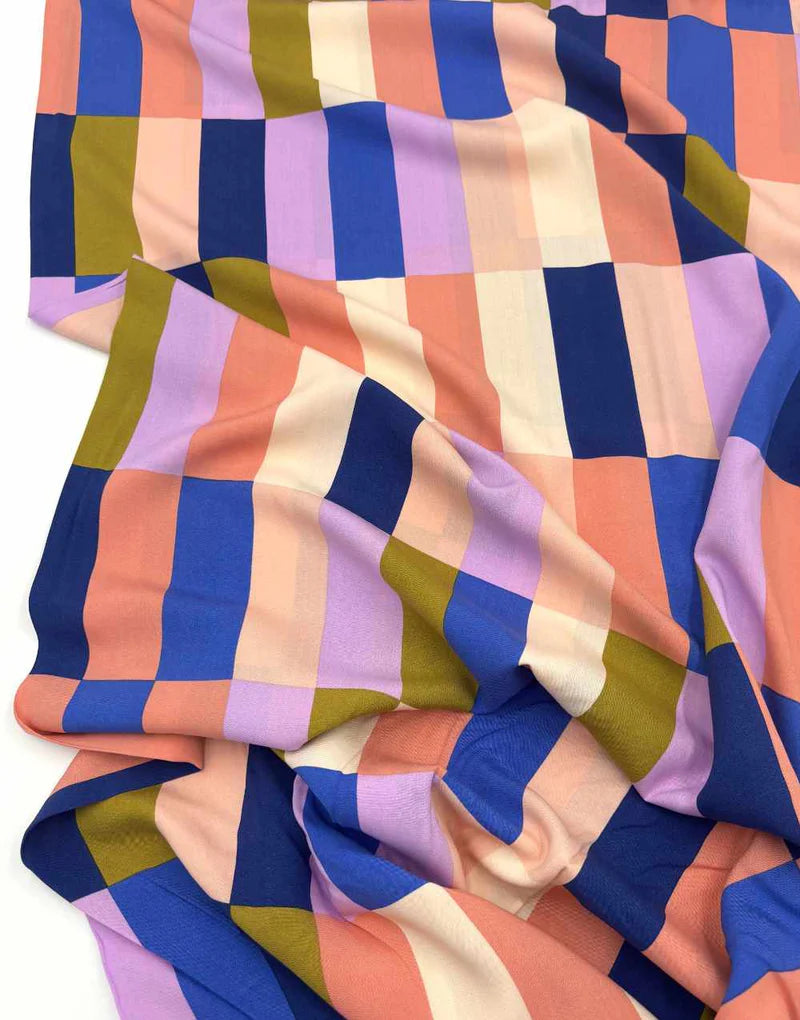 Remnant 1.35m - Blush & Blue Subway Tile EcoVero Viscose Fabric, Nerida Hansen