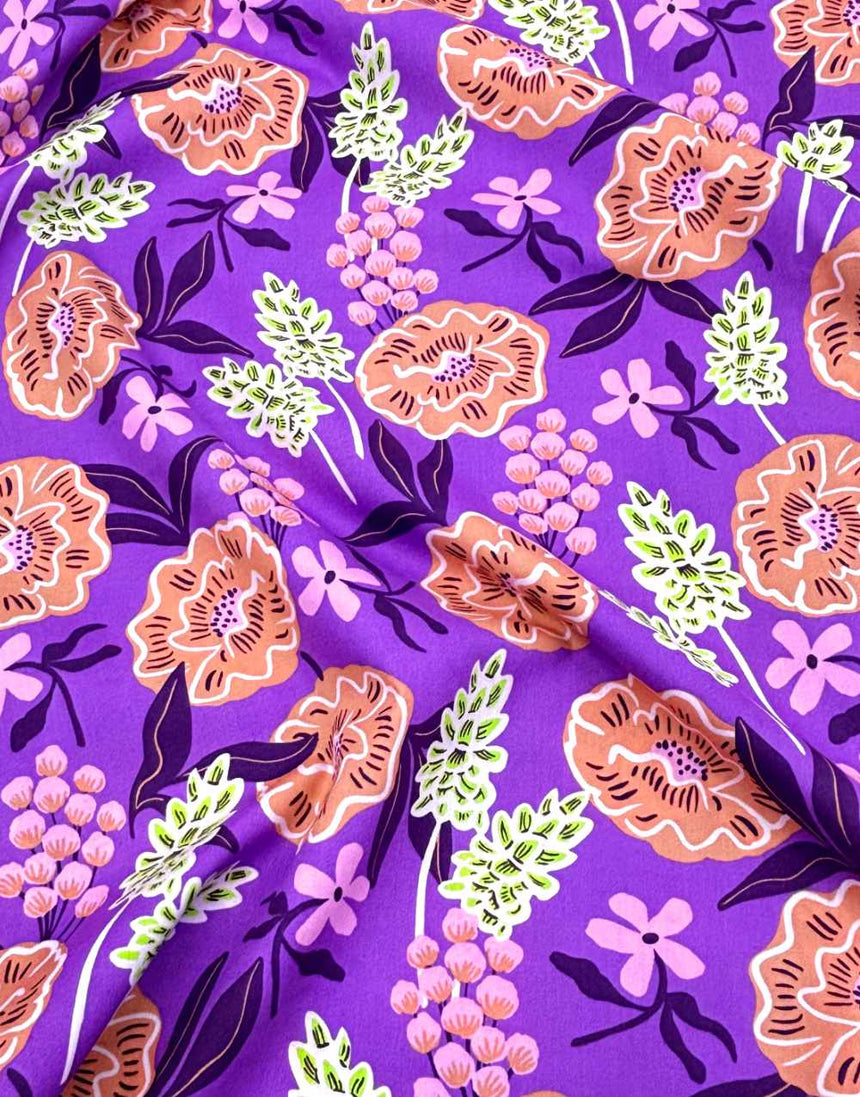 Purple Fresh Flowers Cotton Poplin Fabric, Nerida Hansen