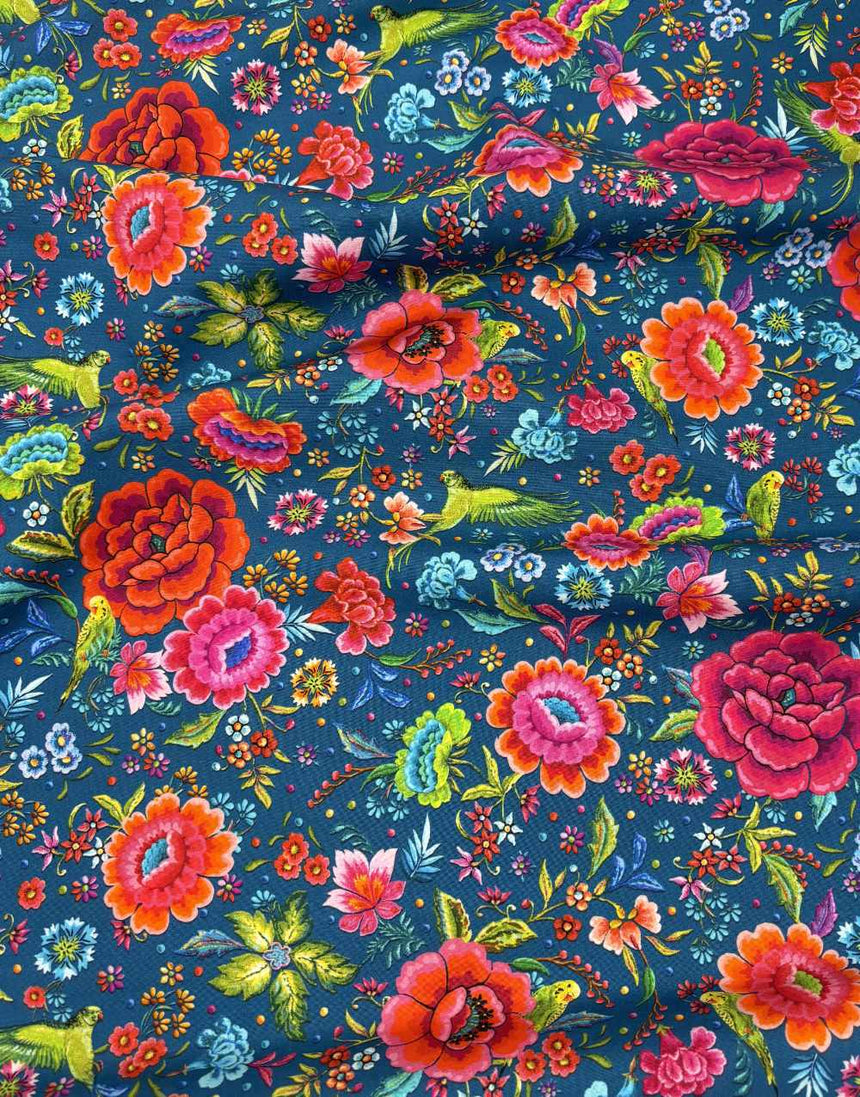 Blue Parakeets and Peonies Organic Cotton Poplin Fabric, Odile Bailloeul