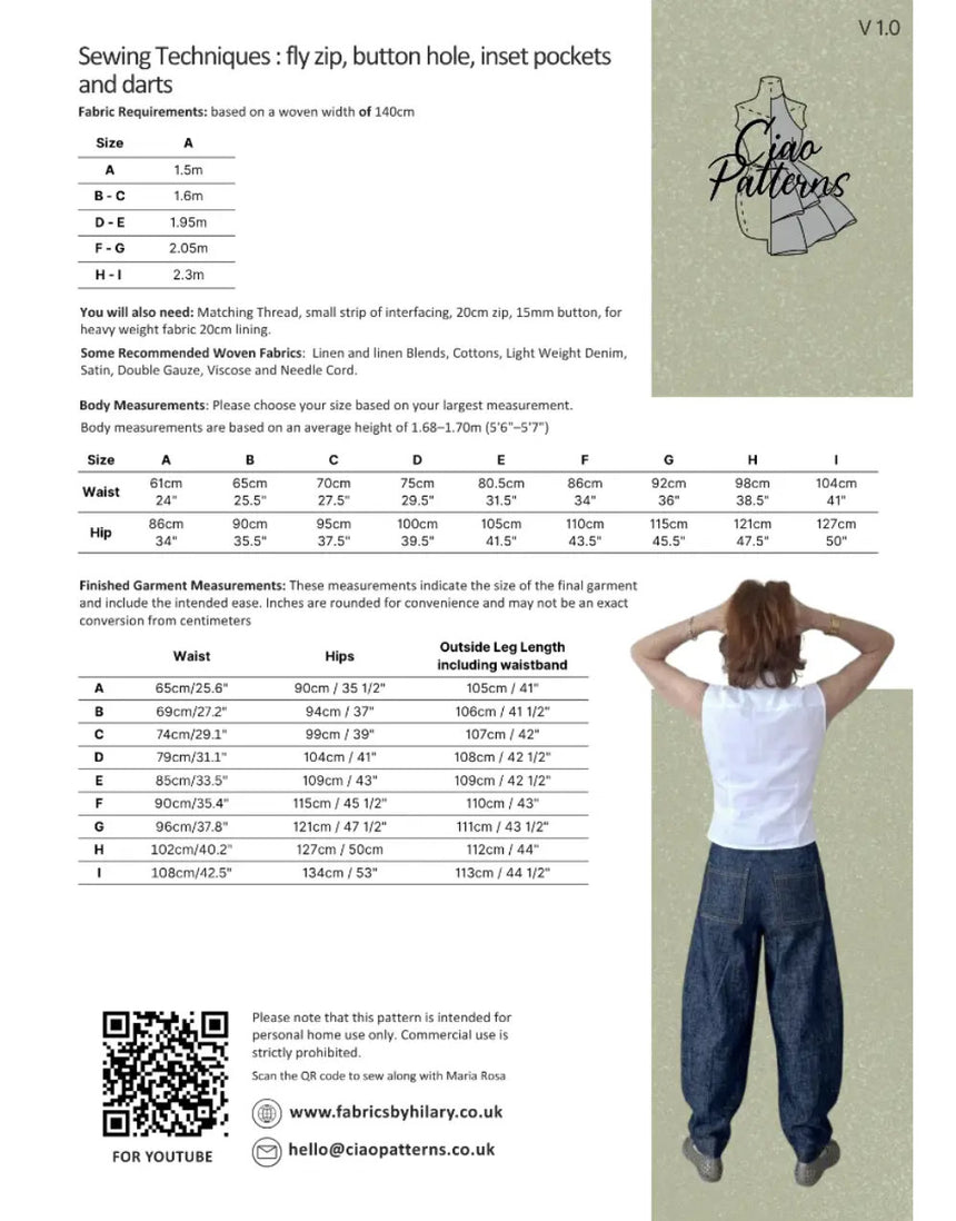Paola Trousers Paper Sewing Pattern, Ciao Patterns