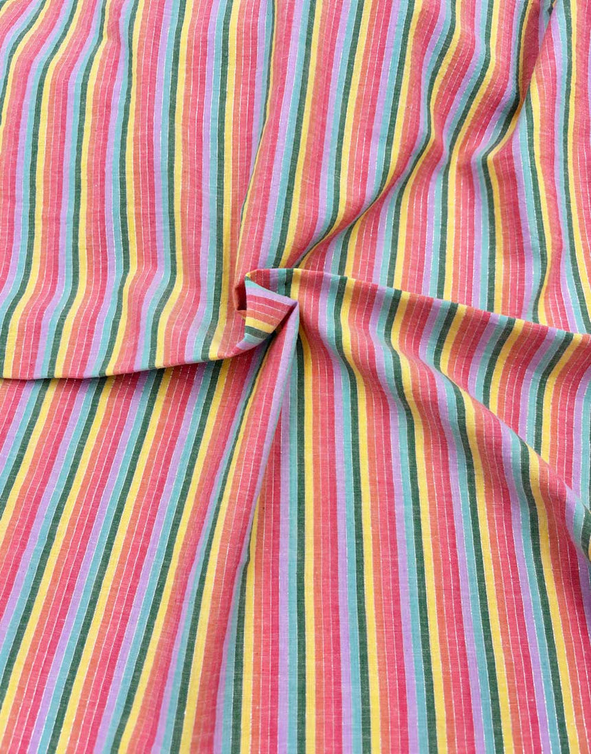 Remnant 1.15m - Pastel & Metallic Stripe Indian Woven Cotton Fabric