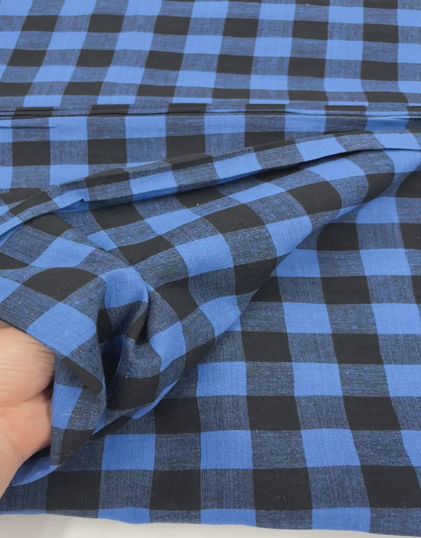 Blue & Black Check Indian Woven Cotton Fabric