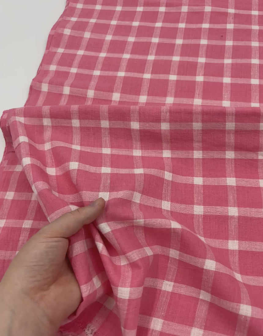 Pink & White Check Indian Woven Cotton Fabric