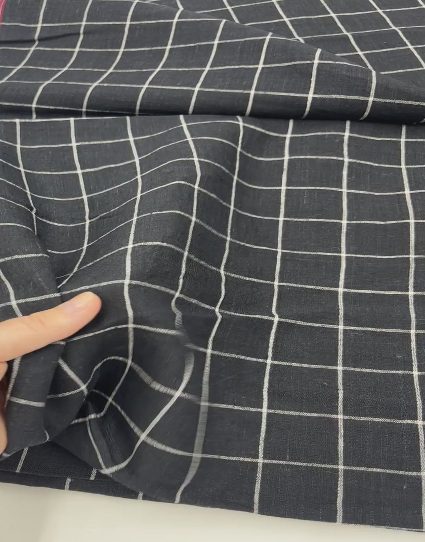 Black Check Indian Woven Pure Linen Fabric