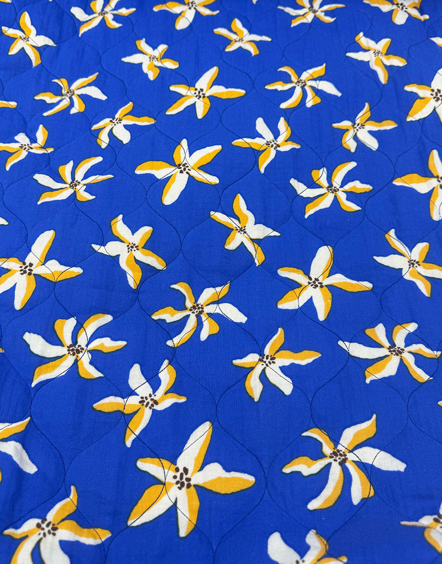Electric Blue Daisy & Lemon Stripe Reversible Quilted Cotton Fabric