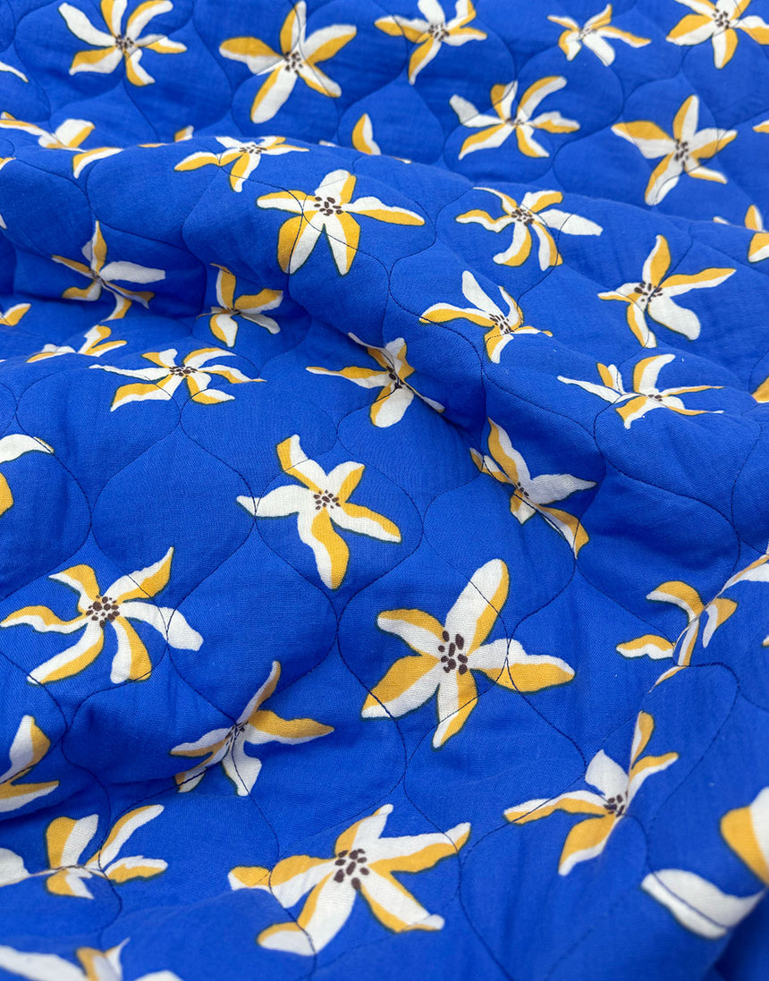 Electric Blue Daisy & Lemon Stripe Reversible Quilted Cotton Fabric