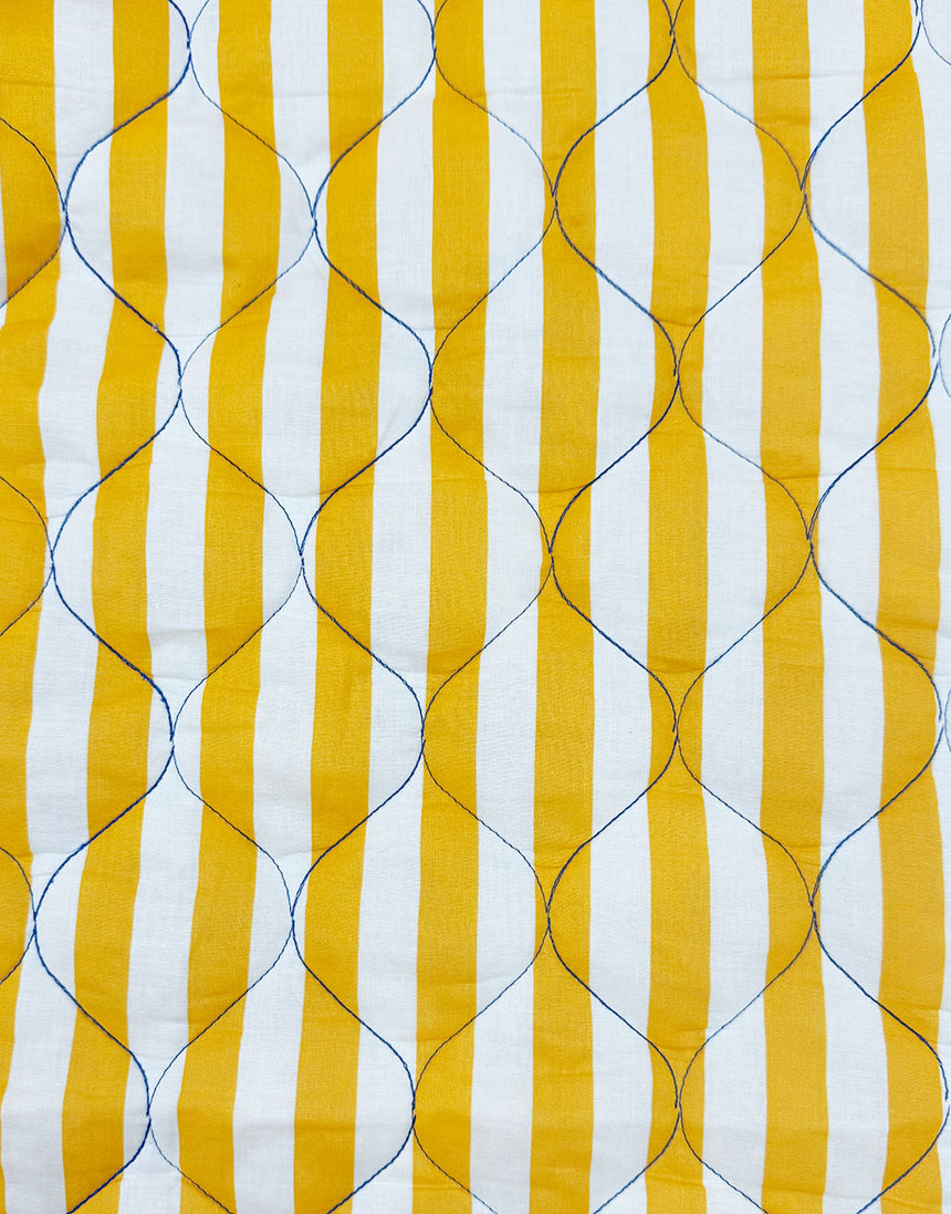 Electric Blue Daisy & Lemon Stripe Reversible Quilted Cotton Fabric