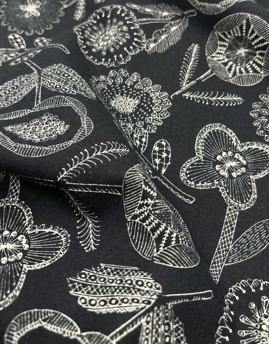 Black Linear Floral Cotton Flax Print Fabric, Sevenberry