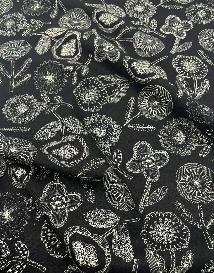 Black Linear Floral Cotton Flax Print Fabric, Sevenberry