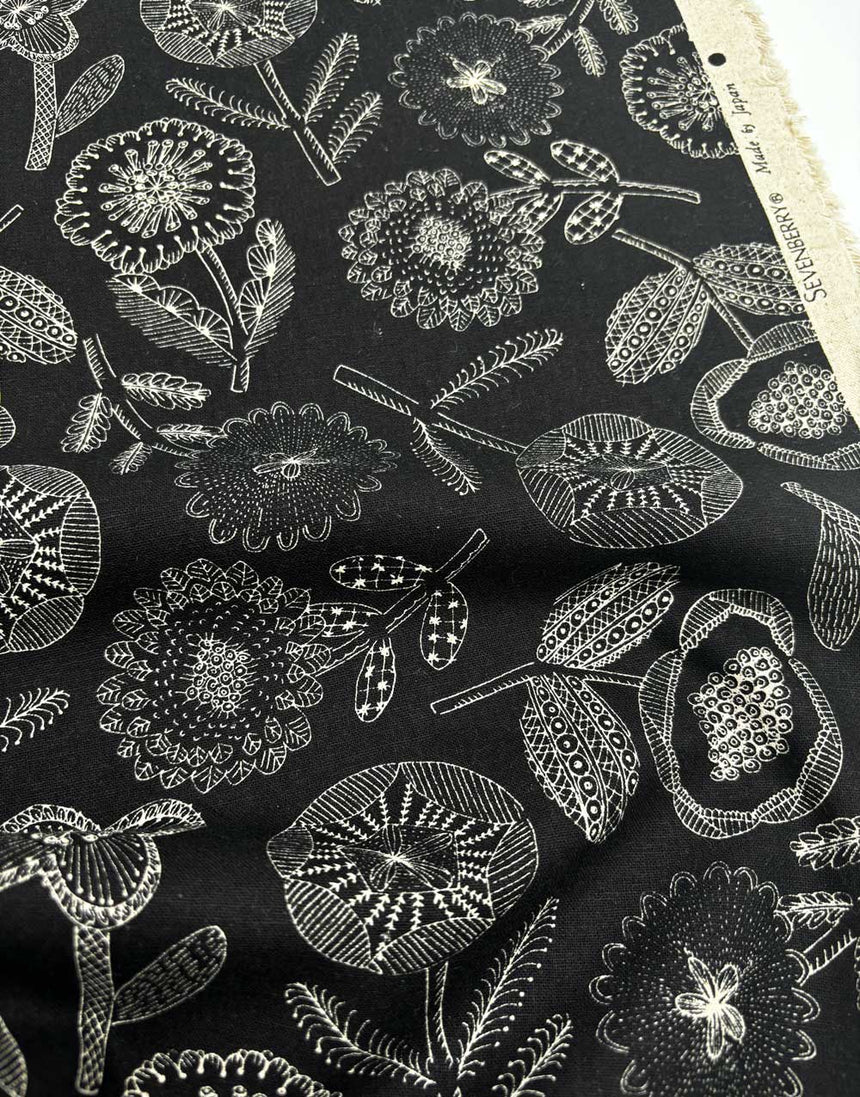 Black Linear Floral Cotton Flax Print Fabric, Sevenberry