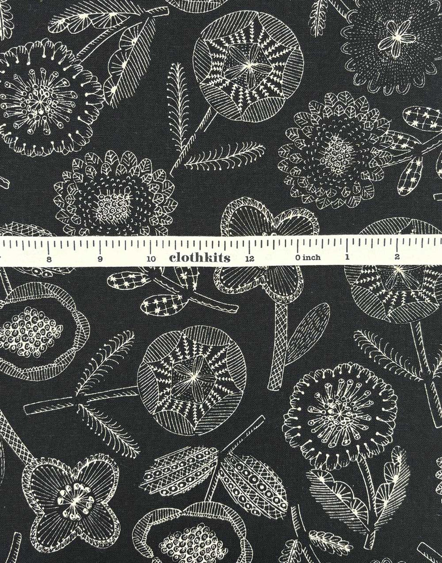 Black Linear Floral Cotton Flax Print Fabric, Sevenberry