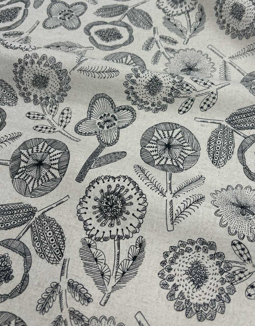 Natural Linear Floral Cotton Flax Print Fabric, Sevenberry