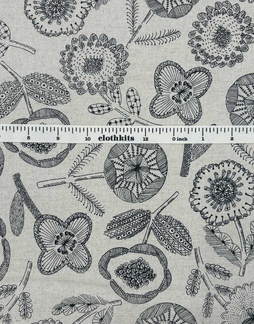 Natural Linear Floral Cotton Flax Print Fabric, Sevenberry