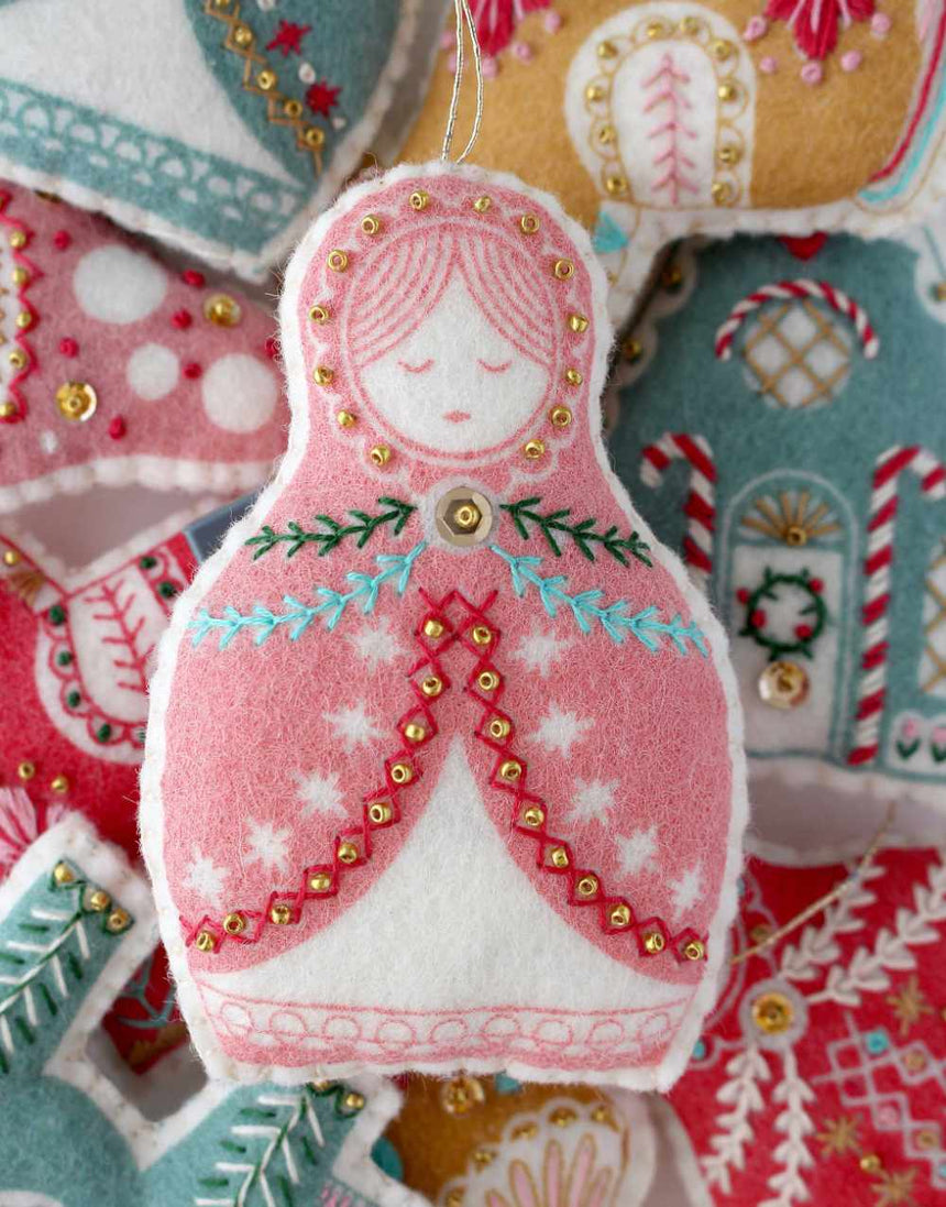 Trio of Matryoshka Doll Ornaments Embroidered Felt Craft Kit, Sewyeah