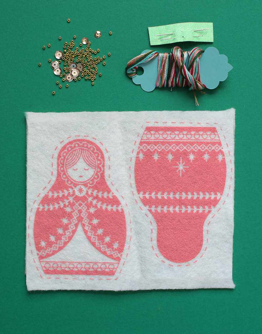 Red Matryoshka Doll Festive Folk Ornament Embroidered Felt Craft Kit, Sewyeah