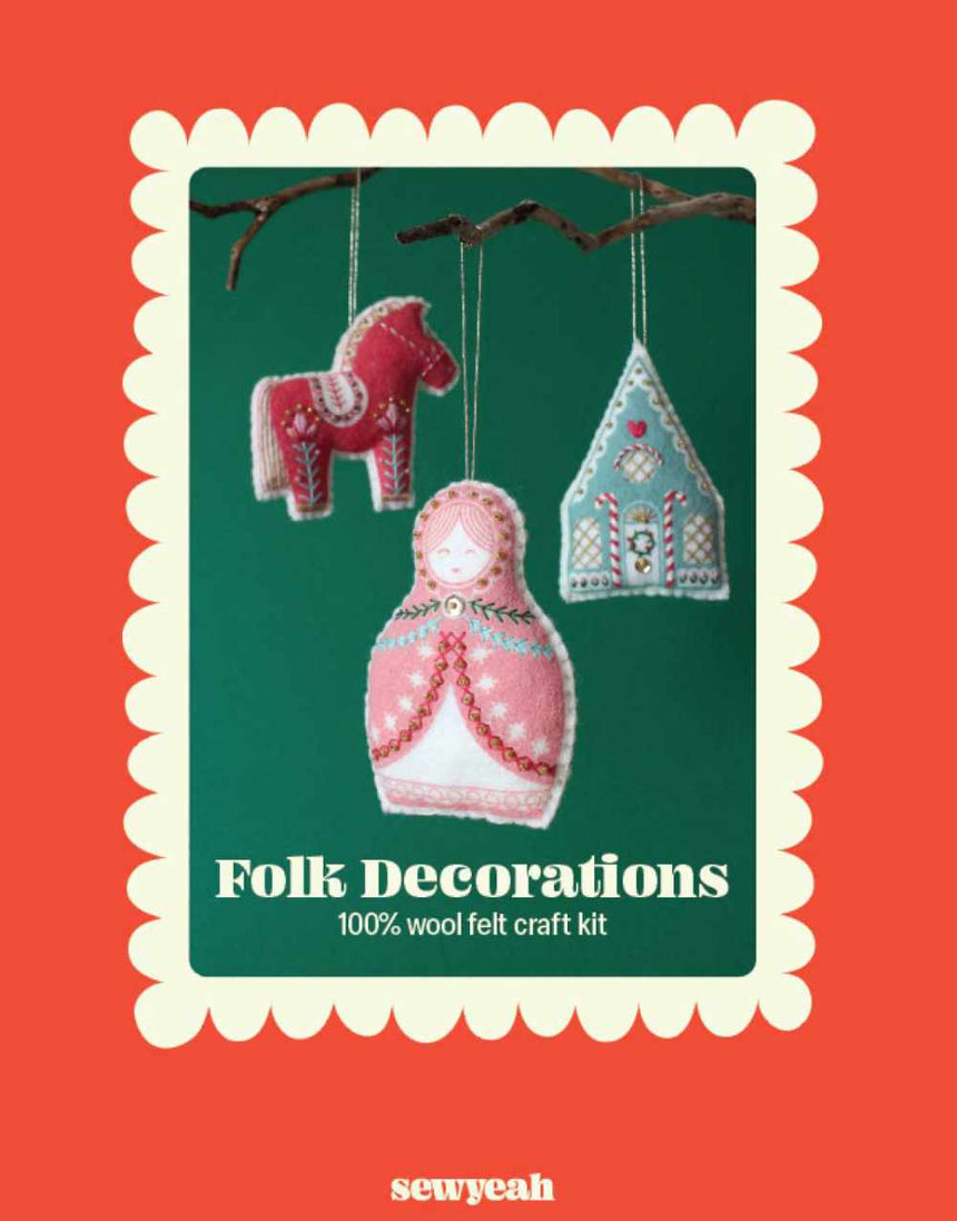 Trio of Folk Ornaments Embroidered Felt Craft Kit, Sewyeah