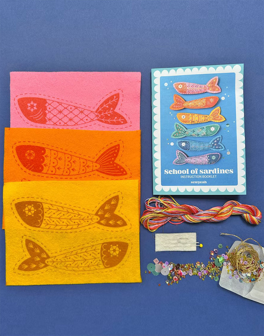 Sardines Embroidery Felt Craft Kit, Sewyeah - in Hot Tropical or Mediterraean Blues