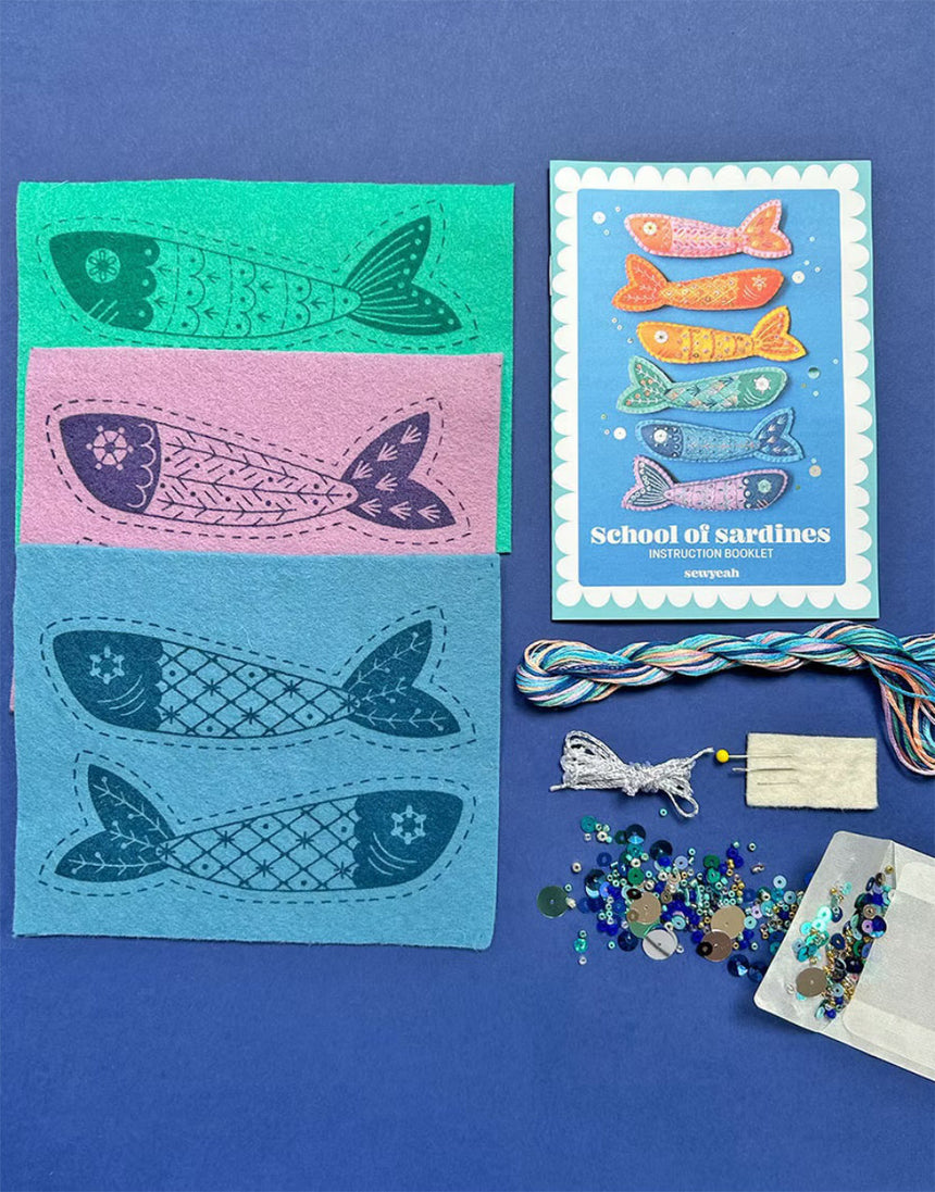 Sardines Embroidery Felt Craft Kit, Sewyeah - in Hot Tropical or Mediterraean Blues