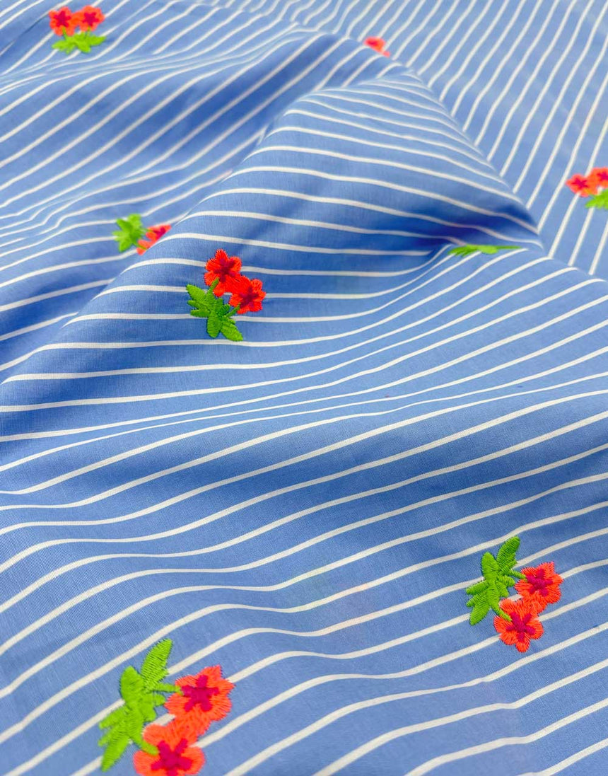 Neon Bloom on Blue Stripe Cotton Fabric
