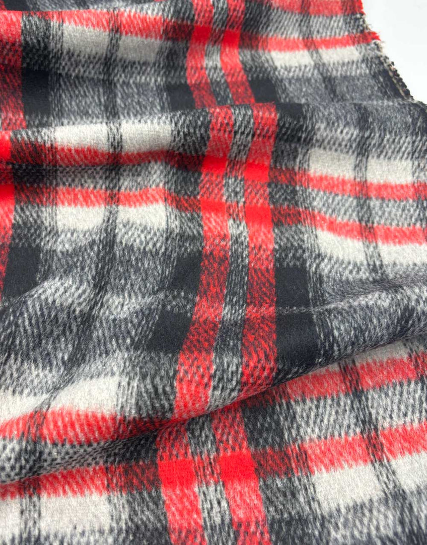 Red & Black Checkered Wool Blend Coating Fabric