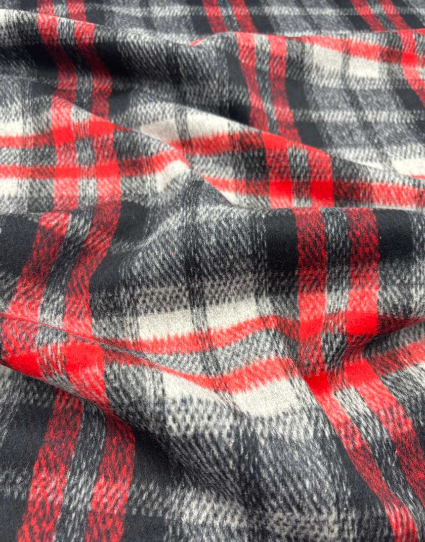 Red & Black Checkered Wool Blend Coating Fabric