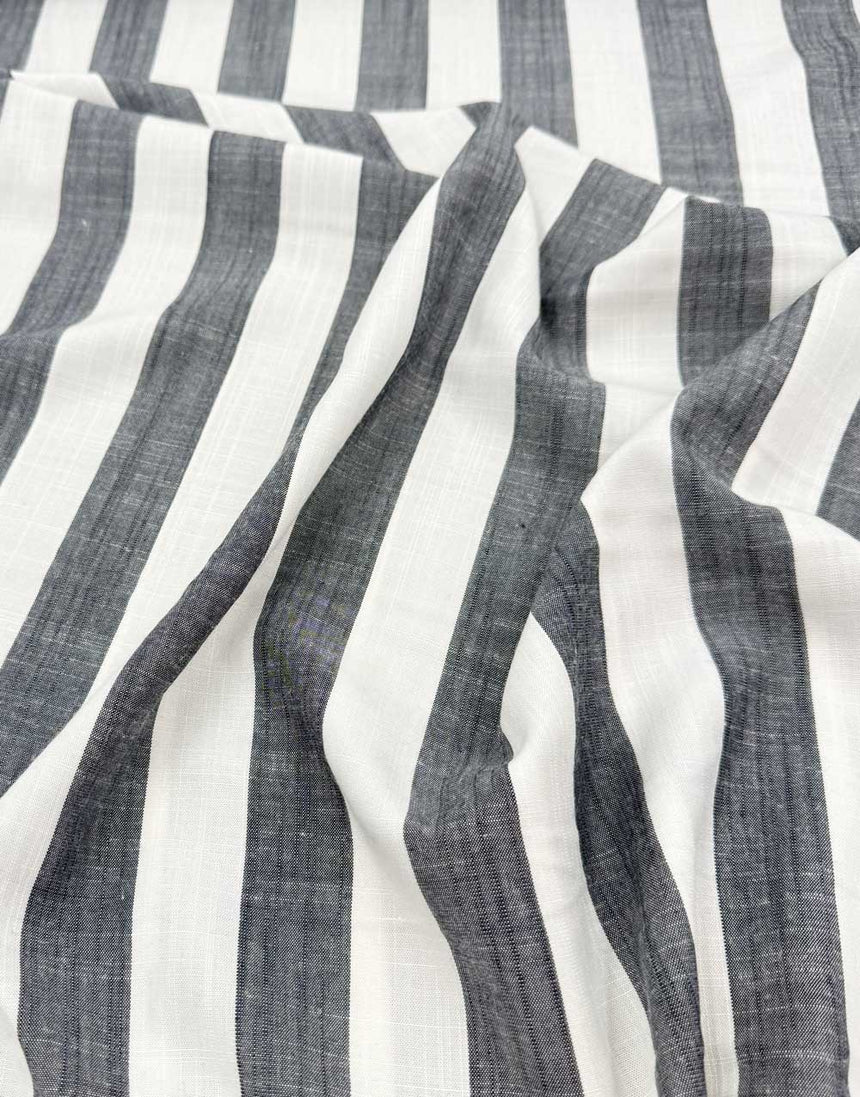 Wide Stripe Dark Navy Yarn Dyed Viscose Fabric