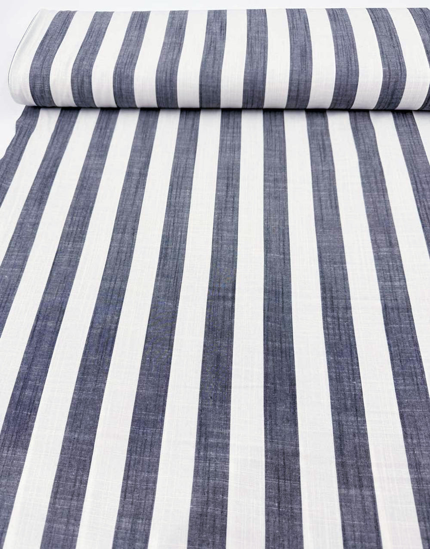 Wide Stripe Dark Navy Yarn Dyed Viscose Fabric