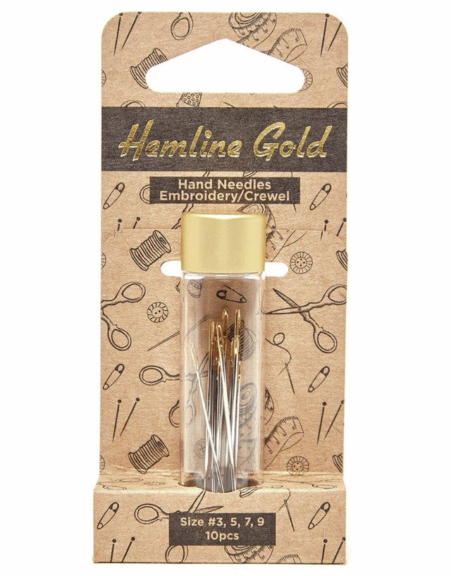 Hemline Gold Needles Embroidery/Crewel Hand Sewing Needles in Glass Tube #3, 5, 7, 9, Hemline Gold 9317385314297 9317385314297