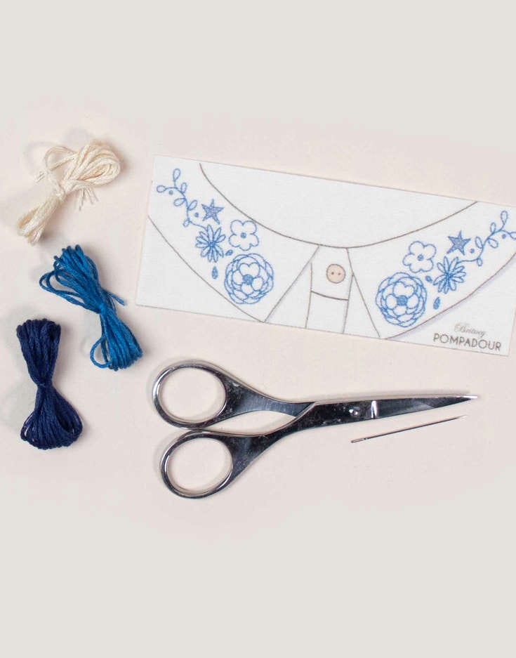 Britney Pompadour Embroidery Embroidered Collar Kit Blue Flowers, Britney Pompadour