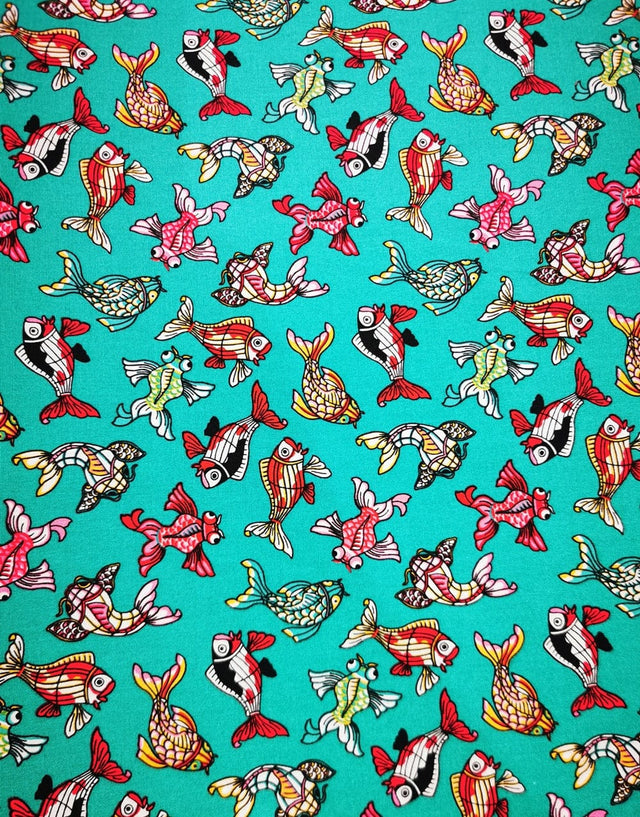 Not Specified Cotton Poplin Green / Animals Birds & Nature Turquoise Fish Printed Cotton Poplin Fabric 10974