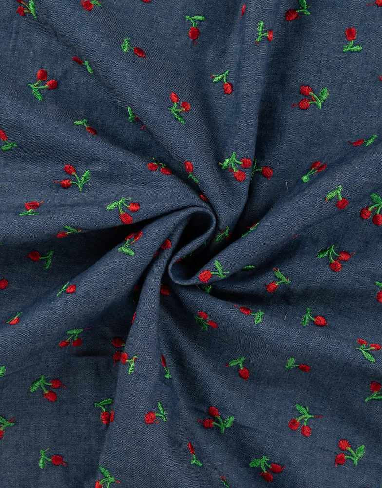 Cherry Embroidered Chambray Fabric