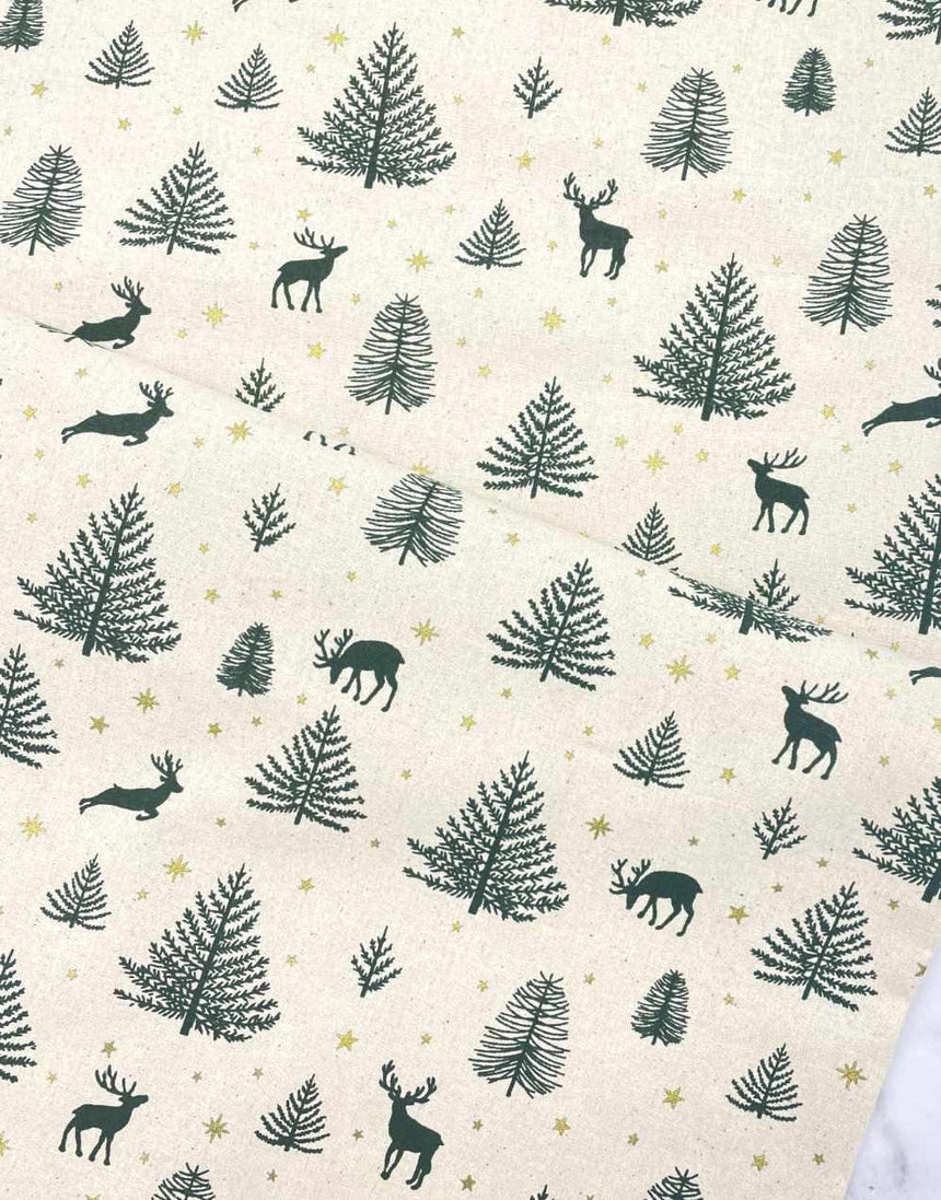 Not Specified Christmas Fabric Green Reindeers & Trees with Metallic Gold Stars Christmas Fabric 15536