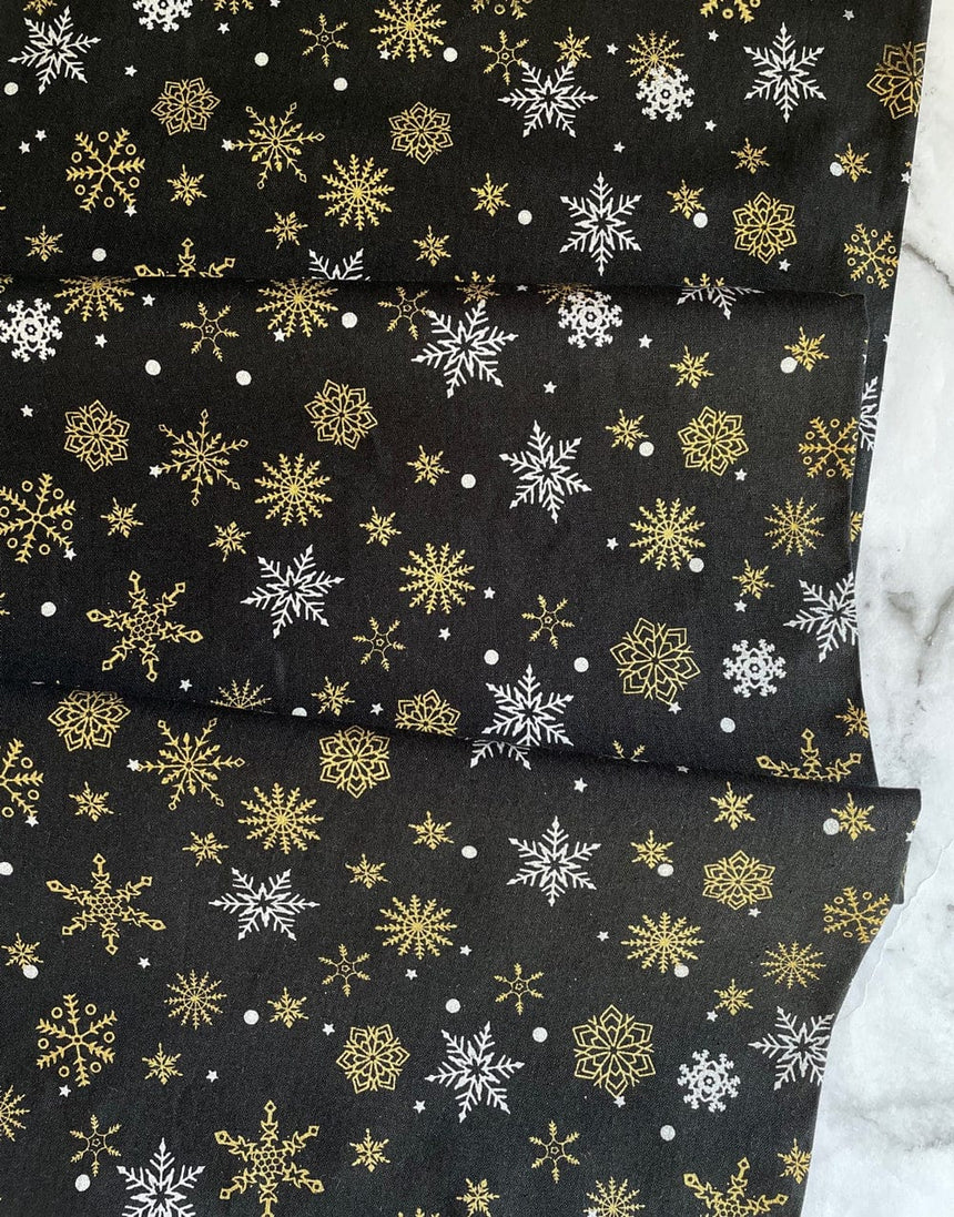 Not Specified Christmas Fabric Metallic Snowflakes on Black, Christmas Fabric 11415