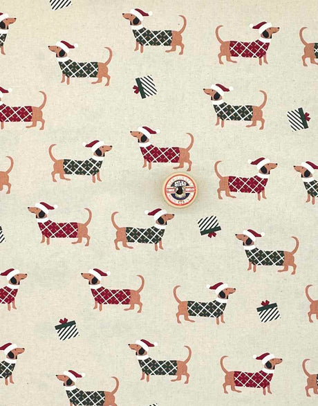 Not Specified Christmas Fabric Festive Sausage Dogs on Natural Christmas Fabric 13697