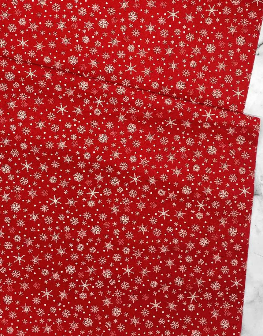 Not Specified Christmas Fabric Natural on Red Scandi Snowflake Christmas Fabric 13701