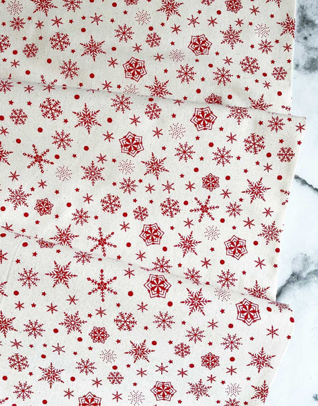 Not Specified Christmas Fabric Red Snowflakes on Natural Cotton, Christmas Fabric 11424