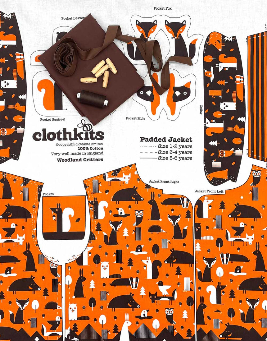 Clothkits Padded Jacket Brown Lining Woodland Critters Clothkits® Classic Padded Jacket, Children's Dressmaking Kit 16599842